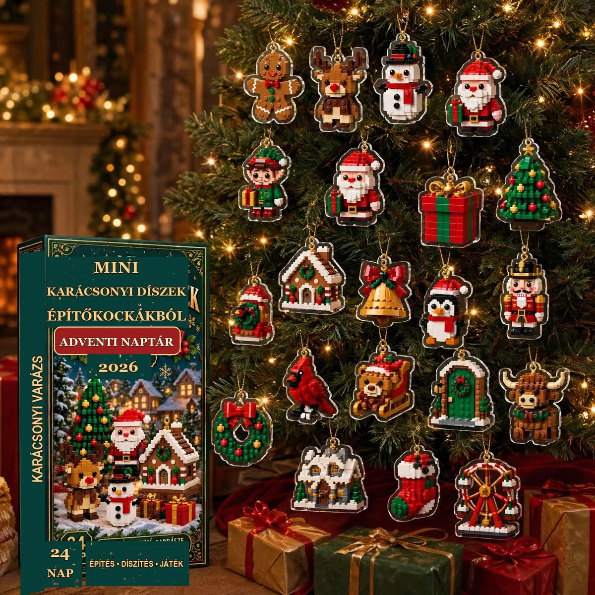 2026-os adventi naptár – 24 mini karácsonyi dísz építőkockákból – 2