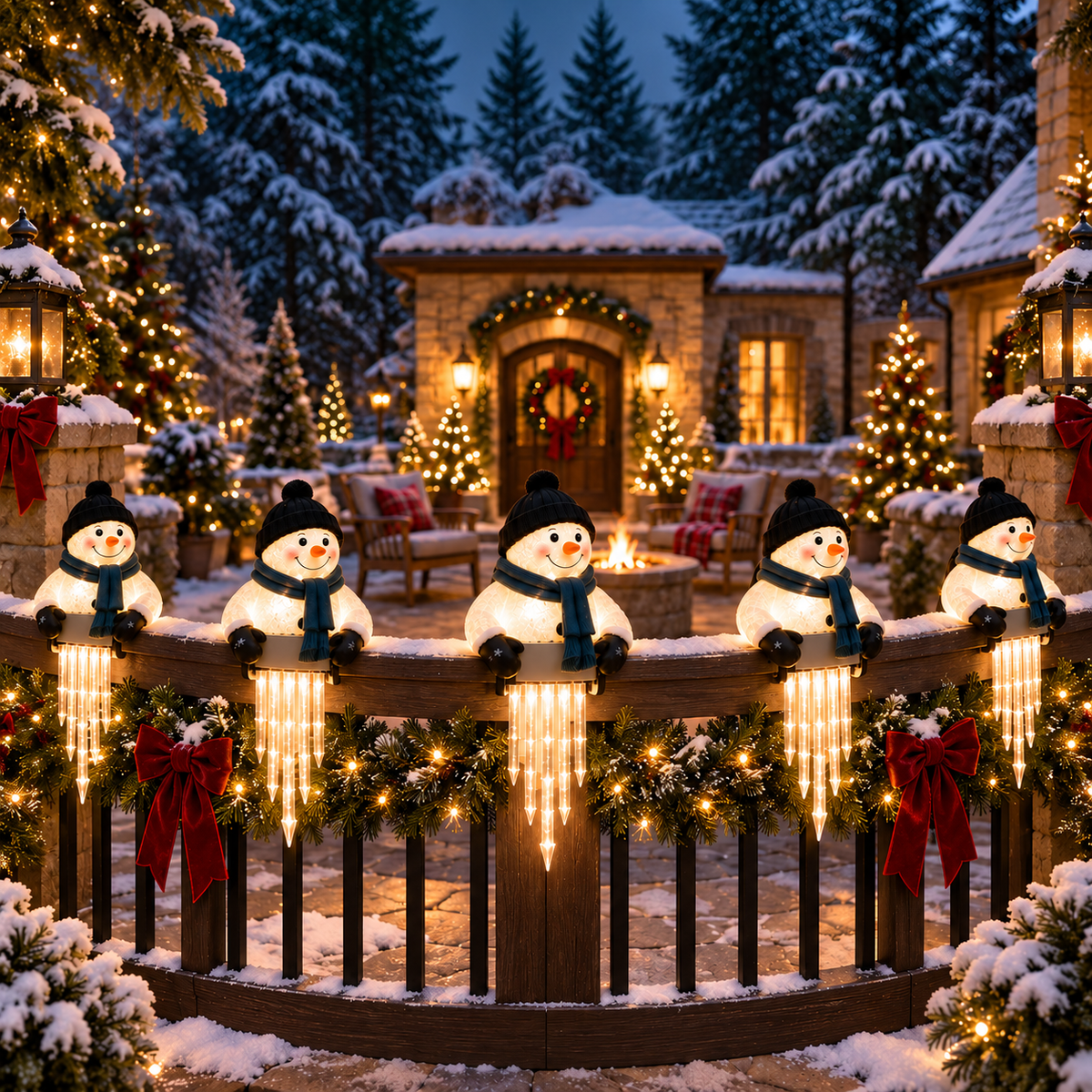WinterGlow világító hóember jégcsapfényekkel korlátra