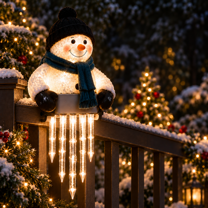 WinterGlow világító hóember jégcsapfényekkel korlátra