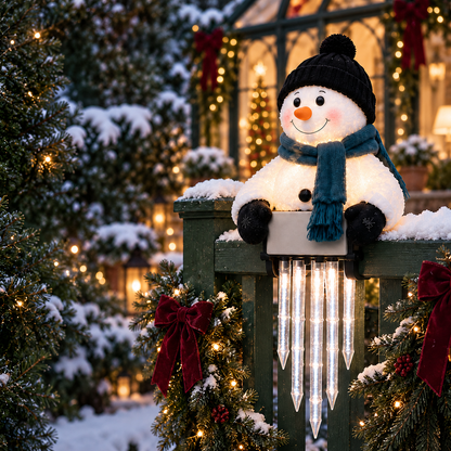 WinterGlow világító hóember jégcsapfényekkel korlátra