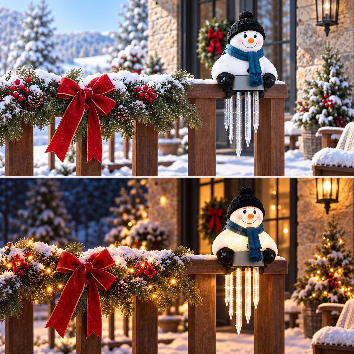 WinterGlow világító hóember jégcsapfényekkel korlátra