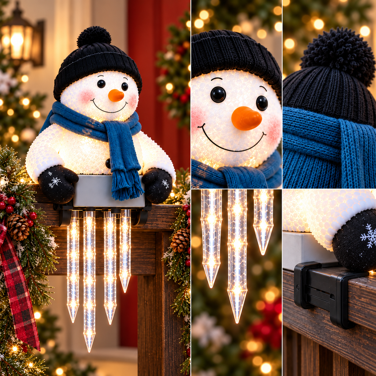 WinterGlow világító hóember jégcsapfényekkel korlátra
