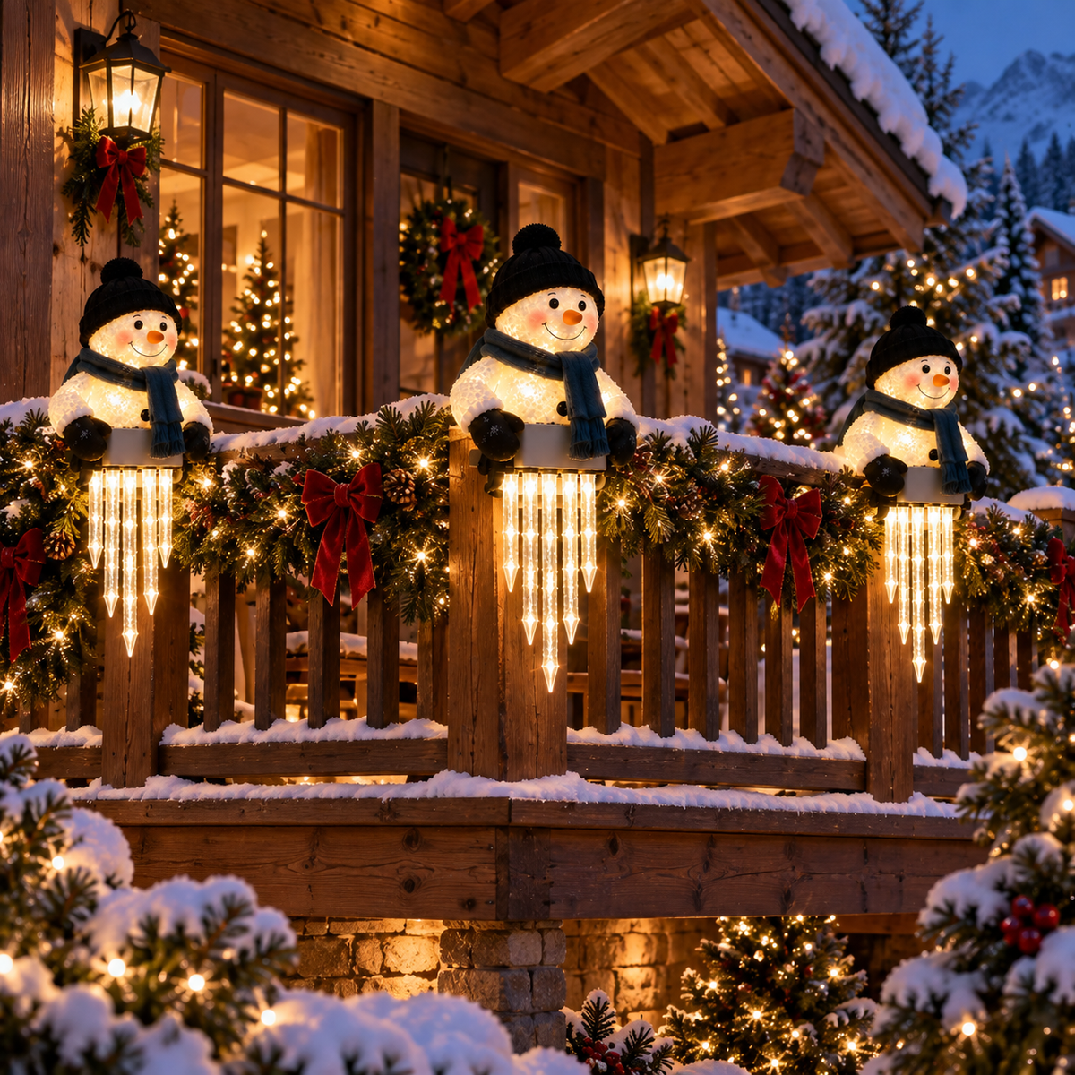 WinterGlow világító hóember jégcsapfényekkel korlátra