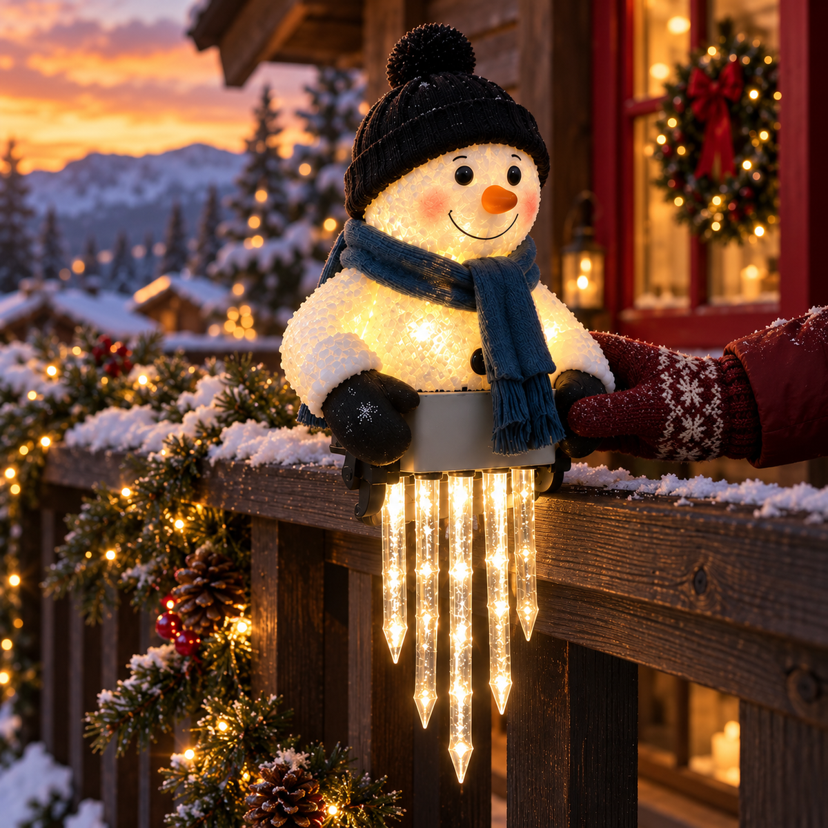 WinterGlow világító hóember jégcsapfényekkel korlátra