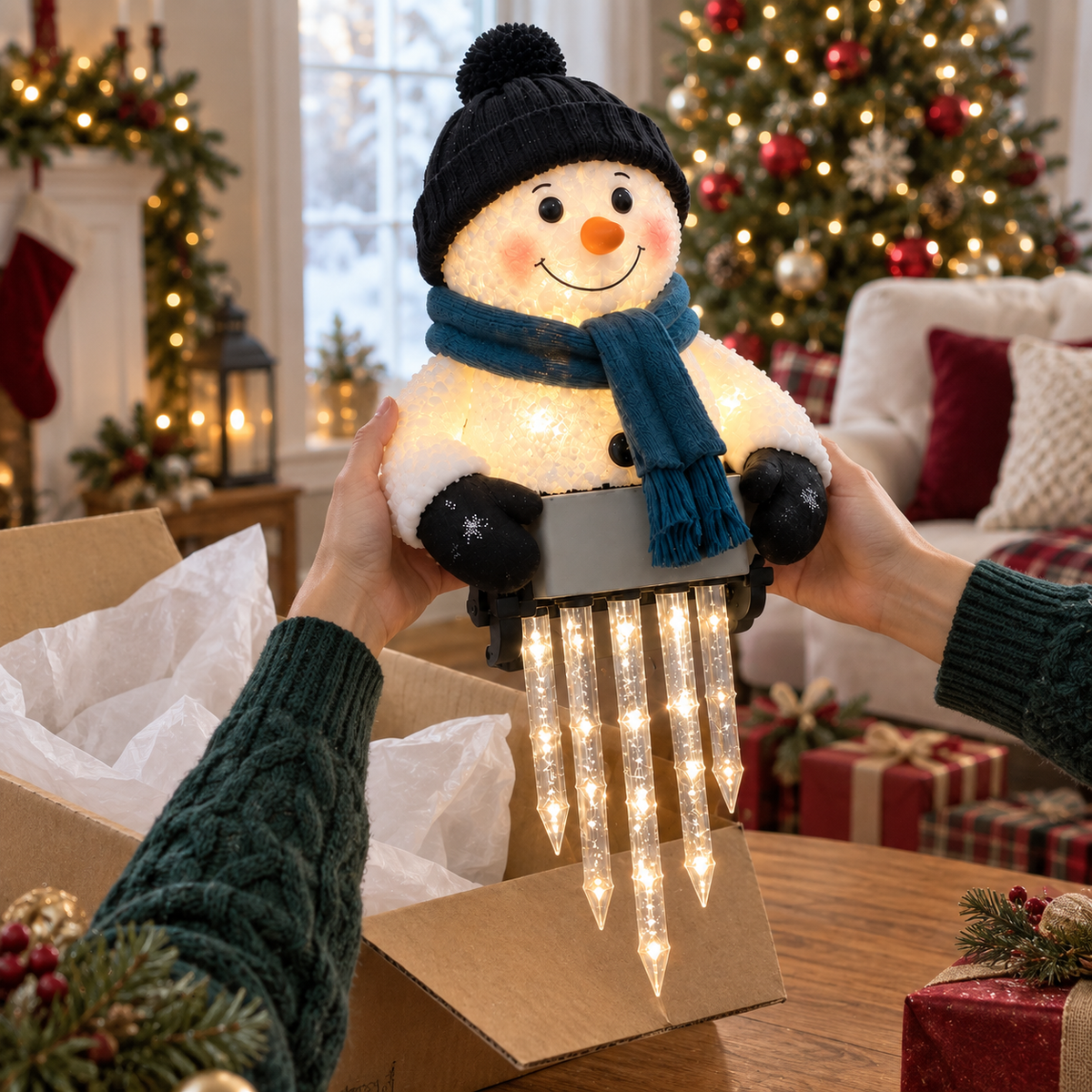 WinterGlow világító hóember jégcsapfényekkel korlátra